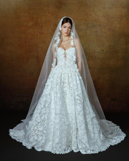 Lace wedding dress with a long train and veil against a dark background